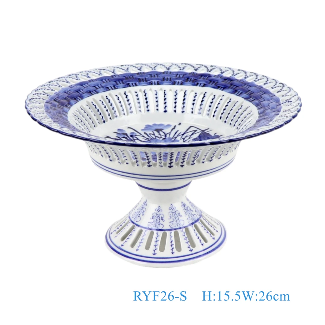 Blue and White Porcelain Hollow out Ceramic Wedding Dessert Candy Fruit Plate with High Stand