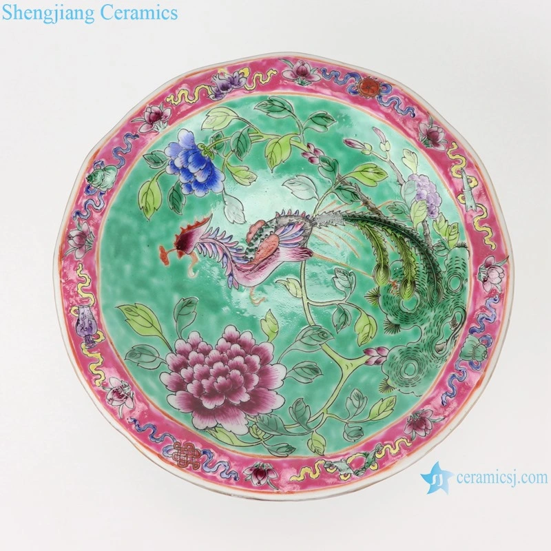 Chinese Handmade Famille Rose Phoenix Pony Flower Ceramic Fruit Plate with Stand