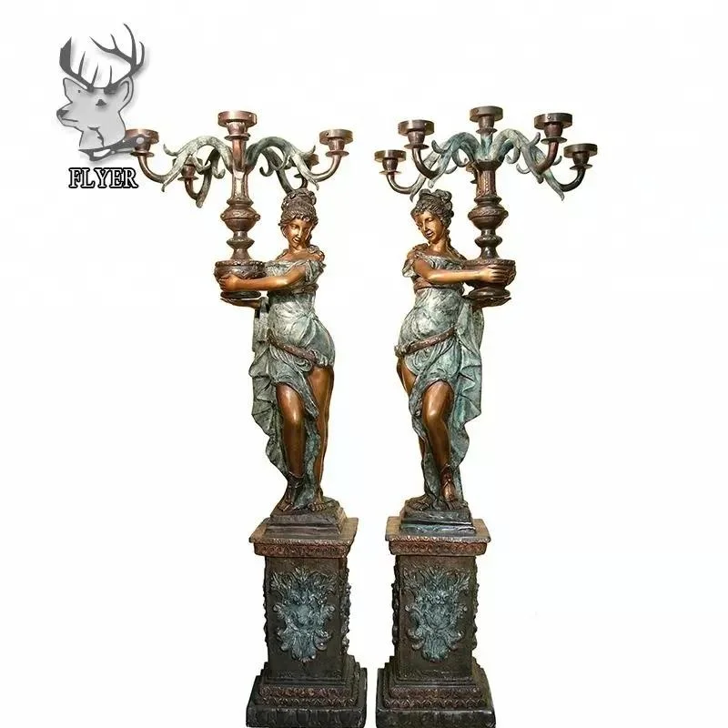 Indoor Decoration Home Light Lamp a Pair of Luxury Casting Bronze Angel Lady Holding Lamps Sculpture