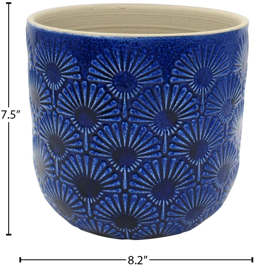 Stone & Beam Modern Ceramic Floral Embossed Decorative Planter Flower Pot Blue