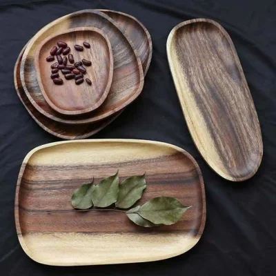 Juego de platos de cena irregulares de madera de acacia Bandeja de postre de plato de madera