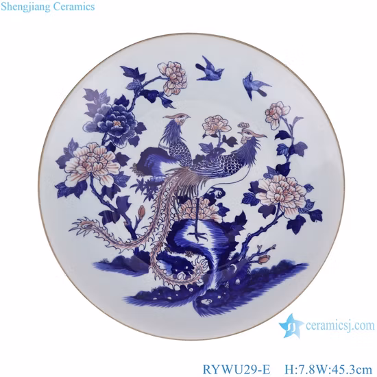 Azul y blanco bajo vidriado rojo paisaje pintado a mano, dragón, flor de Fénix y patrón de pájaro plato decorativo para el hogar