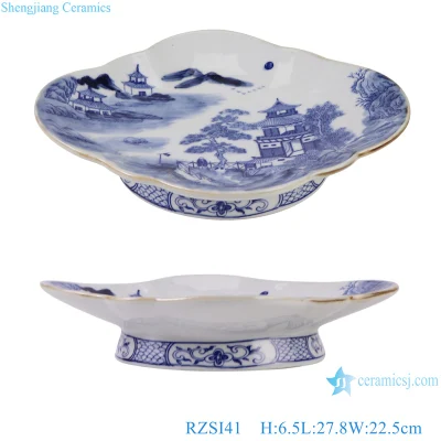 Plato de fruta de cerámica de pie alto con forma ovalada de flores con patrón de paisaje de porcelana azul y blanca de Jingdezhen